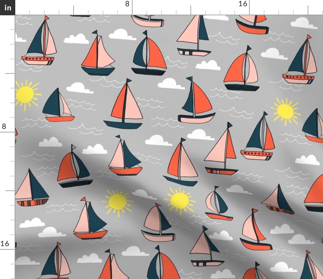 Sailboats - Grey/Pale Pink/ Maize Yellow/ Coral by Andrea Lauren