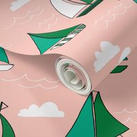 Sailboats - Pale Pink/Kelly Green/Jungle Green by Andrea Lauren