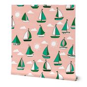 Sailboats - Pale Pink/Kelly Green/Jungle Green by Andrea Lauren