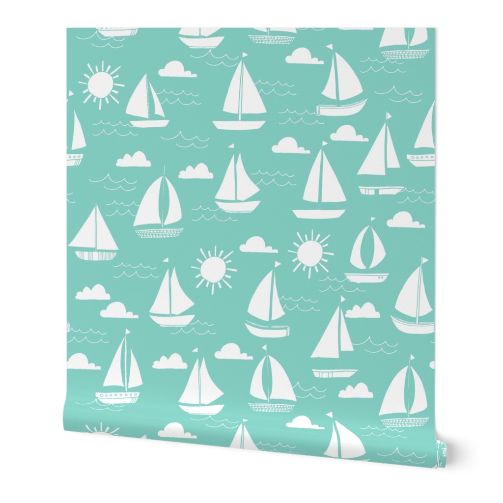 Sailboats - Pale Turquoise by Andrea Lauren