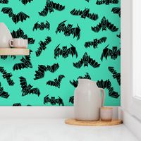 bat // geo bat geometric hand-drawn bat illustration halloween bright green non-directional print fabric by andrea lauren