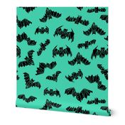 bat // geo bat geometric hand-drawn bat illustration halloween bright green non-directional print fabric by andrea lauren