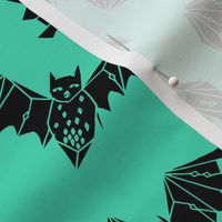 bat // geo bat geometric hand-drawn bat illustration halloween bright green non-directional print fabric by andrea lauren