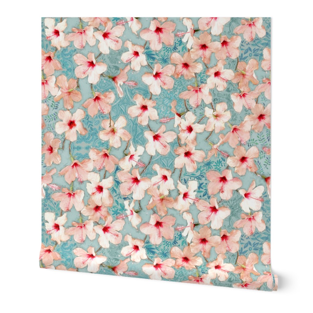 Shabby Chic Painted Hibiscus Pattern - peach & mint