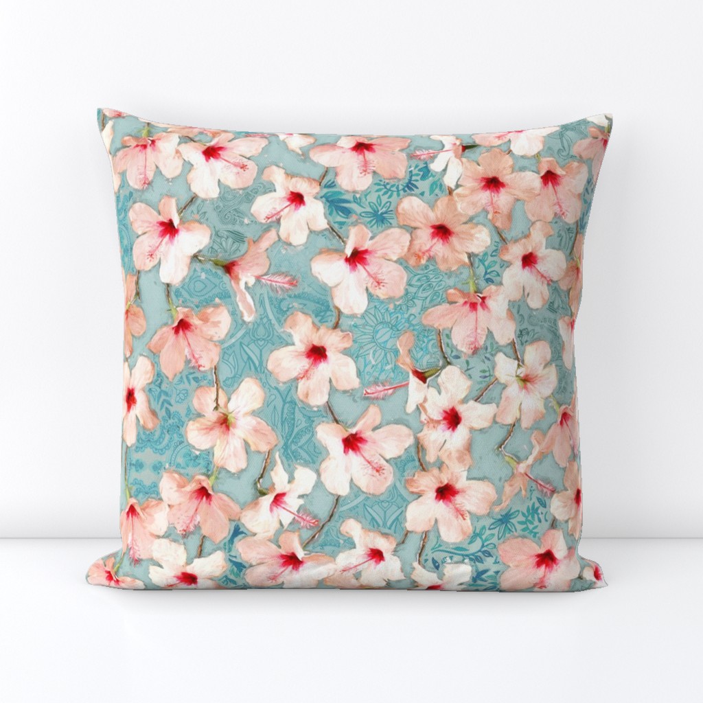 Shabby Chic Painted Hibiscus Pattern - peach & mint