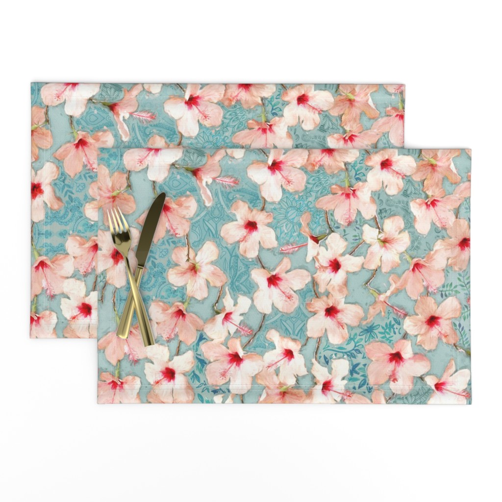 Shabby Chic Painted Hibiscus Pattern - peach & mint