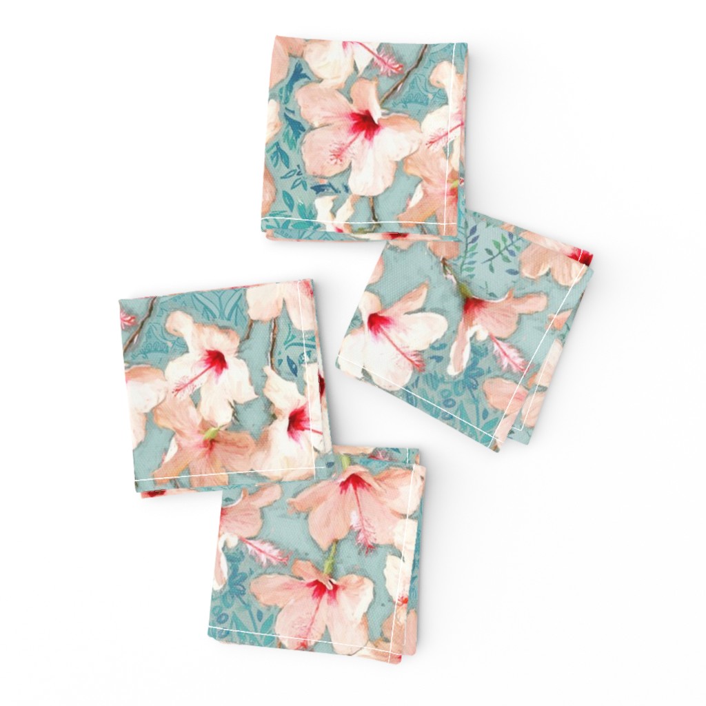 Shabby Chic Painted Hibiscus Pattern - peach & mint