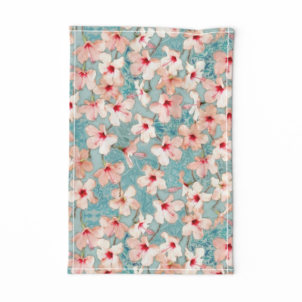 Shabby Chic Painted Hibiscus Pattern - peach & mint