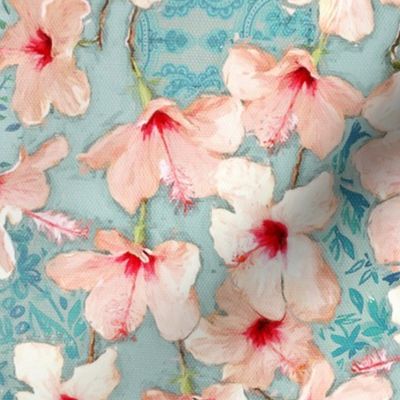 Shabby Chic Painted Hibiscus Pattern - peach & mint