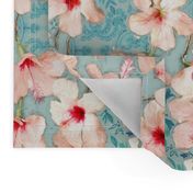 Shabby Chic Painted Hibiscus Pattern - peach & mint