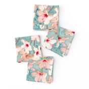 Shabby Chic Painted Hibiscus Pattern - peach & mint