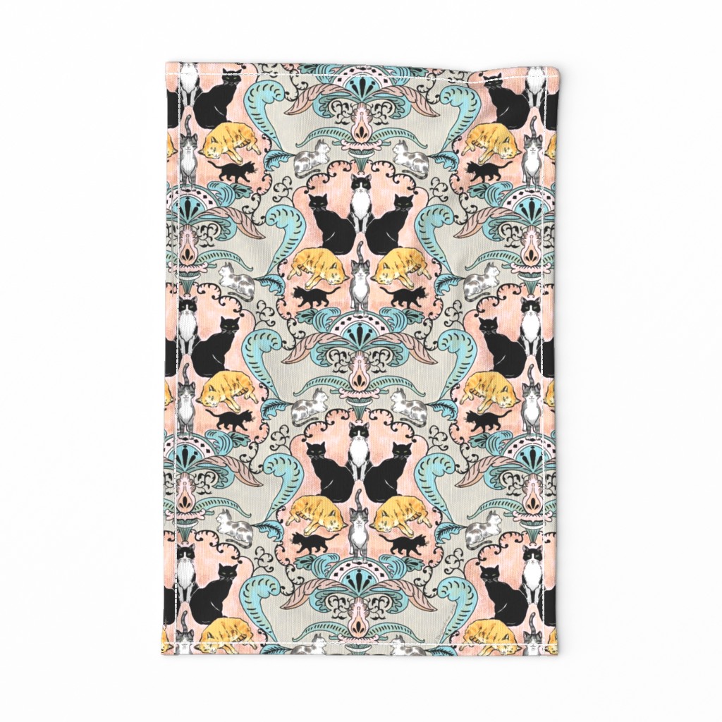 Cat damask teal pink tea towel