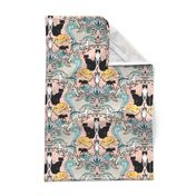 Cat damask teal pink tea towel