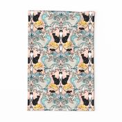 Cat damask teal pink tea towel