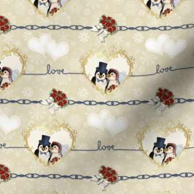 Penguin Wedding Hearts On Beige