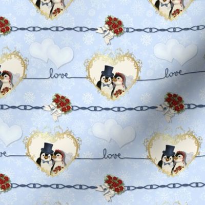 Penguin Wedding Hearts On Blue