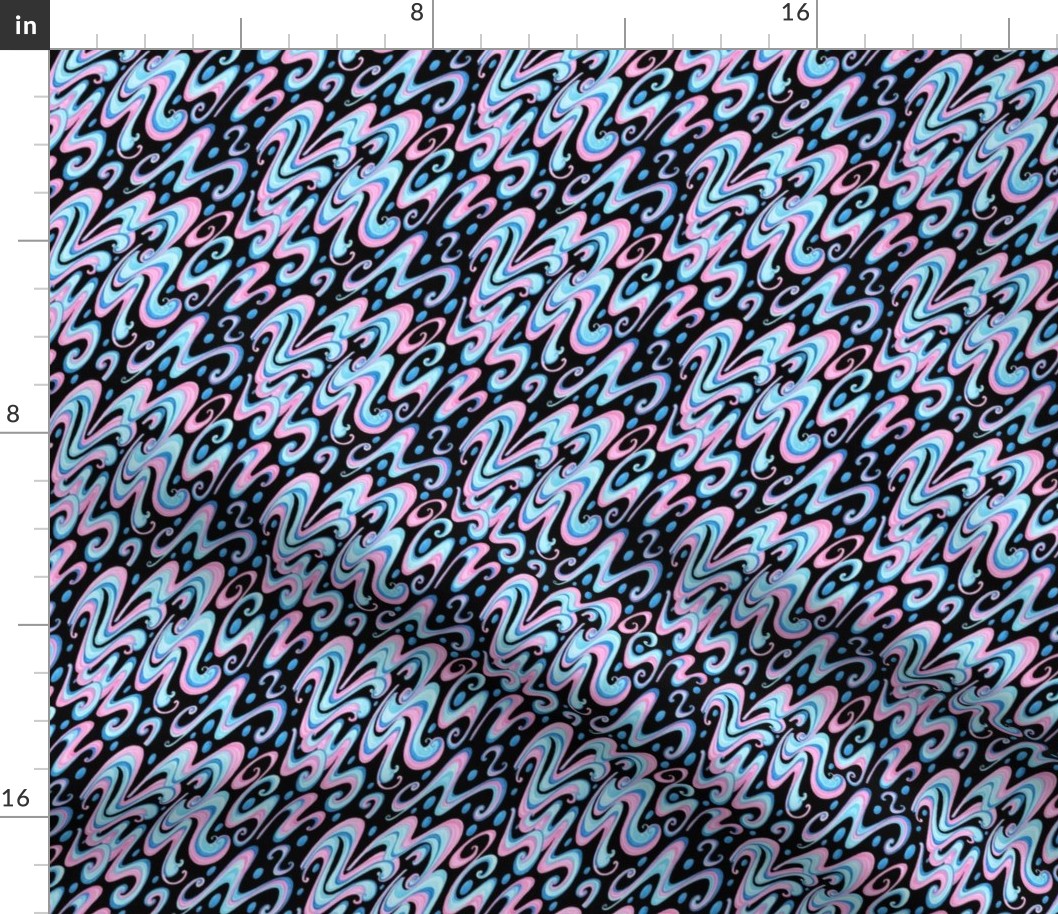 Swirls- Small- Black Background- Pink Blue Pastel Colors