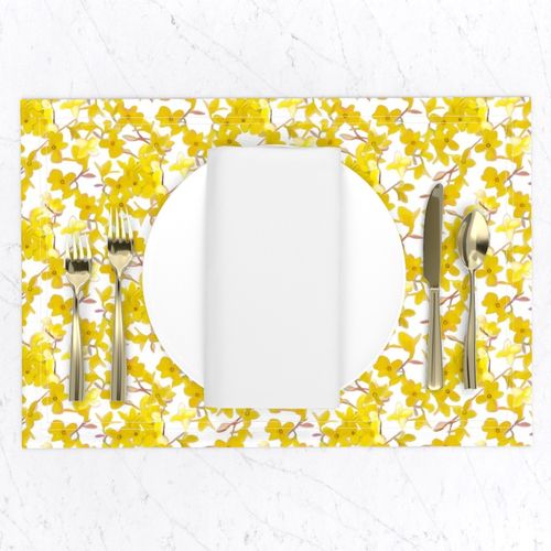 Spring Placemats Set of 4 Flower Bud Garden Spring Yellow Cloth Placemats by Spoonflower - Forsythia On White by lauriekentdesigns