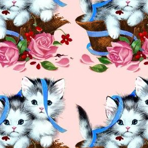 cats kittens pussy baskets roses flowers ribbons vintage retro kitsch whimsical cute adorable