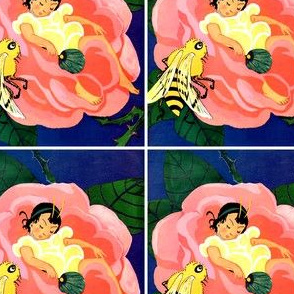 vintage retro kitsch fairy tales girls children bees insects flowers roses sleeping fantasy fairies