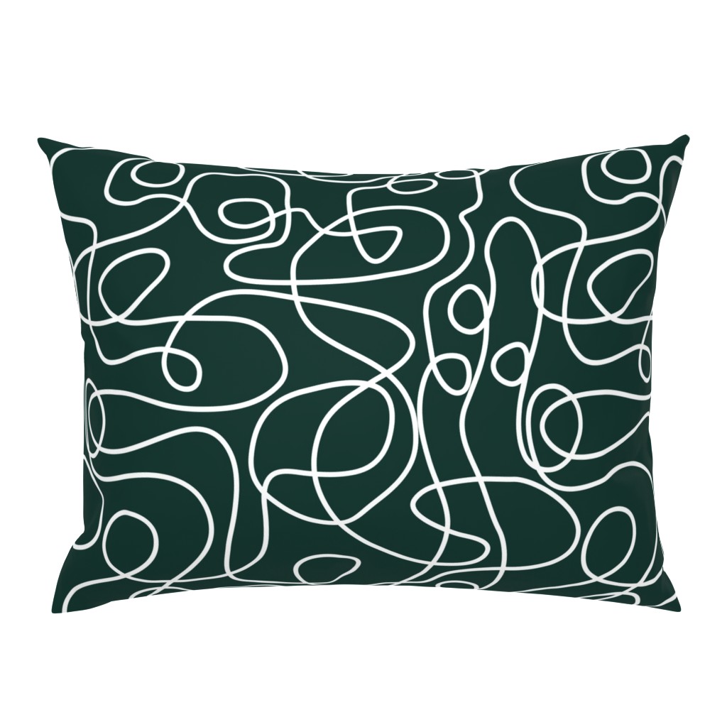 White on Dark Emerald Green | Doodled Line Art Pattern