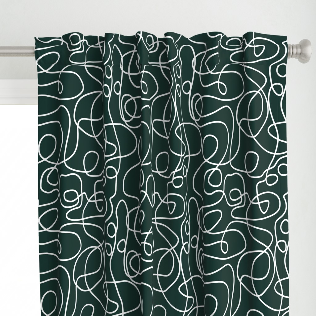 White on Dark Emerald Green | Doodled Line Art Pattern