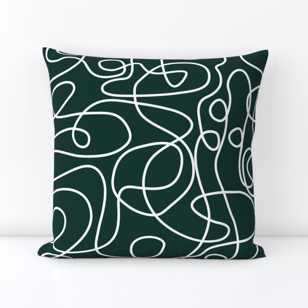 White on Dark Emerald Green | Doodled Line Art Pattern