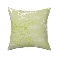 Sea Turtles and White Kelp with Fish in Tranquil Green & Gray Hues