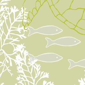 Sea Turtles and White Kelp with Fish in Tranquil Green & Gray Hues