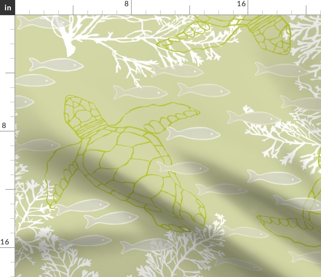 Sea Turtles and White Kelp with Fish in Tranquil Green & Gray Hues