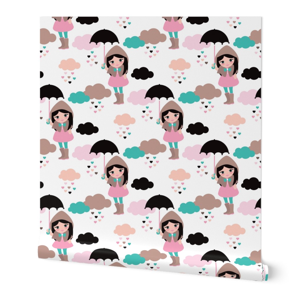 Adorable girl with umbrella in rain drop hearts illustration pattern