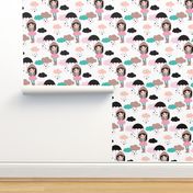 Adorable girl with umbrella in rain drop hearts illustration pattern