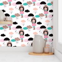 Adorable girl with umbrella in rain drop hearts illustration pattern