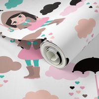 Adorable girl with umbrella in rain drop hearts illustration pattern