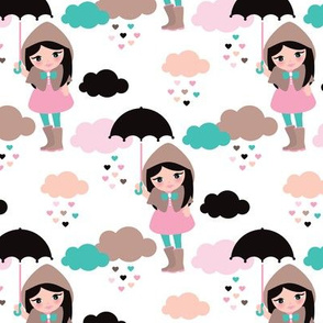 Adorable girl with umbrella in rain drop hearts illustration pattern