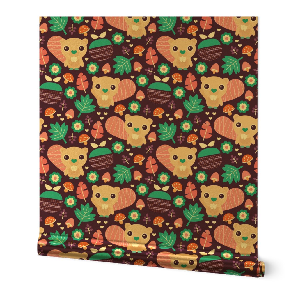 Cute little beaver fruit flowers and leaf fall woodland theme for girls