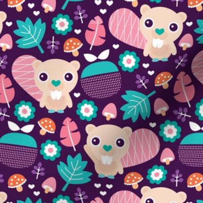 Cute little beaver fruit flowers and leaf fall woodland theme for girls