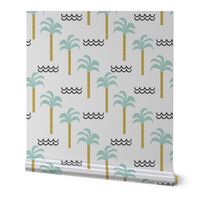 palm tree and waves -summer beach design with minimal scandi design