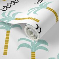 palm tree and waves -summer beach design with minimal scandi design