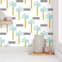 palm tree and waves -summer beach design with minimal scandi design