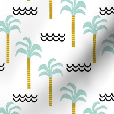 palm tree and waves -summer beach design with minimal scandi design