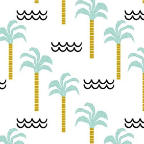 palm tree and waves -summer beach design with minimal scandi design