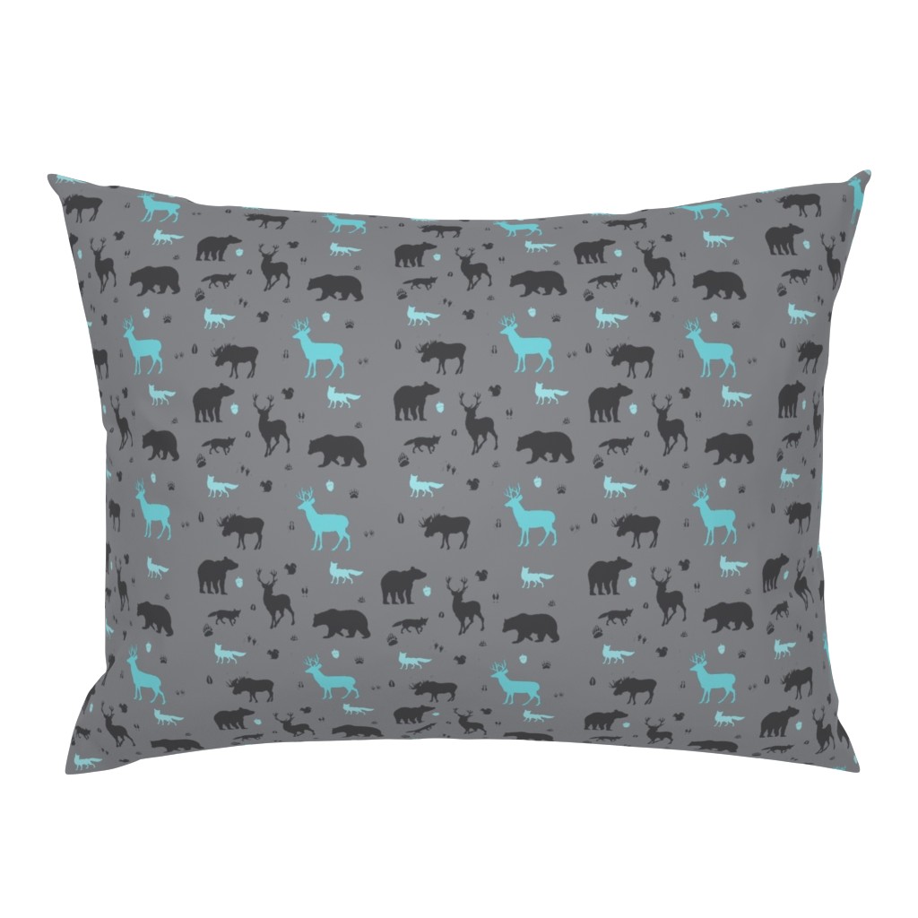 woodland animals in aqua and grey