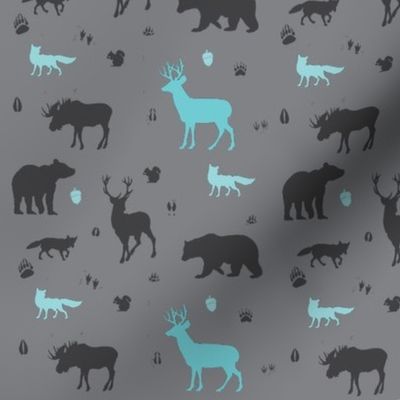 woodland animals in aqua and grey