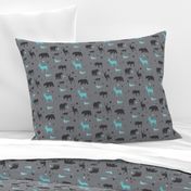 woodland animals in aqua and grey