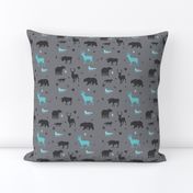 woodland animals in aqua and grey