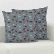 woodland animals in aqua and grey