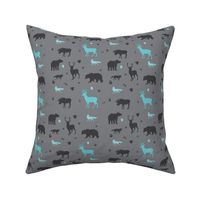 woodland animals in aqua and grey