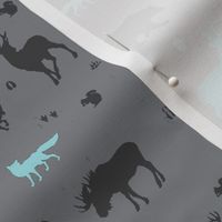 woodland animals in aqua and grey