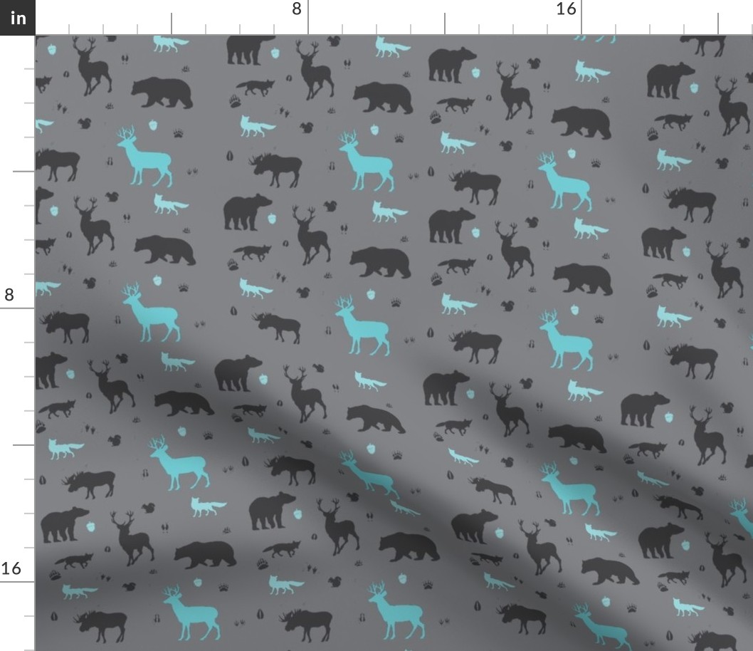 woodland animals in aqua and grey